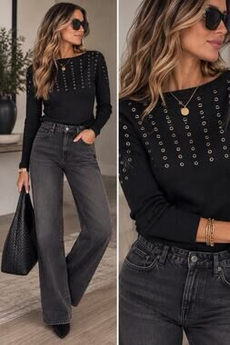 Vintage 90s Cache Rivet Long Sleeve Ribbed Knit Stretch Sweater Black Women's M